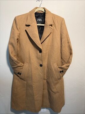 Zara Camel Wool-Blend Single-Breasted Pea Coat